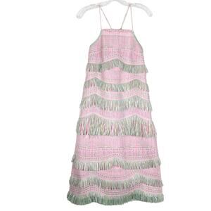 NWOT ANGEL CHEN Dress 6 Pink Green Fringe-Stripe Bow-Tassels A-Line Midi Knee